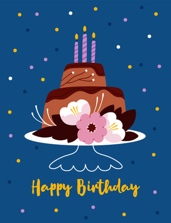 Birthday Cake With Candles.Cute Birthday Greeting Card with Big Cake and Burning Candles.