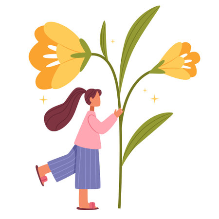 Girl with a big yellow flower. Spring tender illustration.Flower delivery service, florist, botanical conceptのイラスト素材