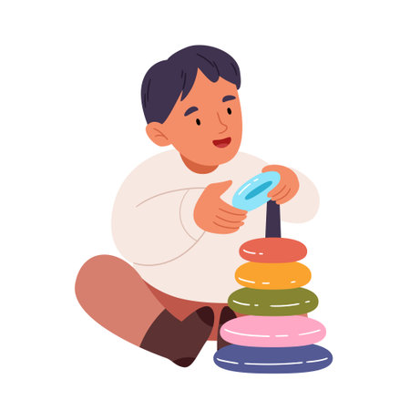 A child builds a toy pyramid.Cheerful child play educational game.のイラスト素材