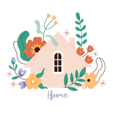 Cute Scandinavian house in pastel flowers.のイラスト素材