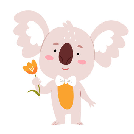 Cute koala holding a yellow tulip in his hand. Spring character in pastel colors.のイラスト素材