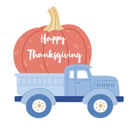 Blue truck carrying a large pumpkin. Autumn illustration Thanksgiving Day. Harvest. Agriculture.のイラスト素材