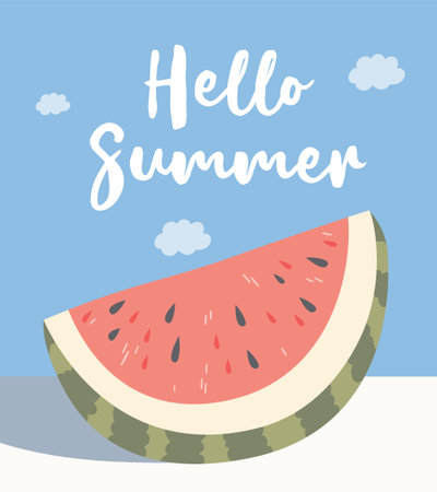 A slice of watermelon in the middle of a blue summer sky. Poster for a summer party. Summer fruit. Hello summer. Poster, print on clothes.のイラスト素材