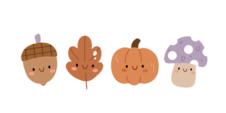 Adorable autumn vector set featuring smiling acorn, leaf, pumpkin, and mushroom. Perfect for seasonal stickers, kids' prints, greeting cards, and fall decorations.のイラスト素材