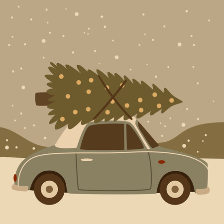 Retro car carrying a decorated Christmas tree through snowy landscape. Flat winter scene in Scandinavian minimalism style. Perfect for holiday cards, wrapping paper, and cozy seasonal prints.のイラスト素材