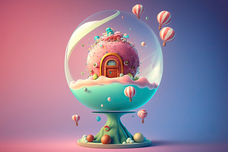 delicious pink fairy tale gingerbread house cupcake inside a glass bowl on pastel background. AI Generatedの素材
