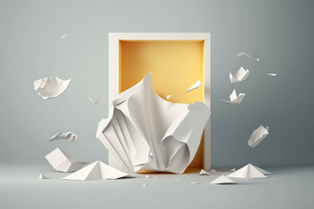 white and yellow box frame mockup and flying torn sheets of paper on white backgrounnd. AI Generatedの素材