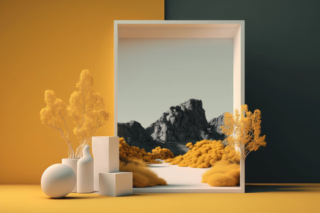 yellow frame photo on table with vase and dried flower. Home decor. AI Generatedの素材