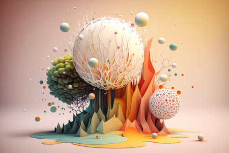 illustration of magic stylized tree with many spheres. AI Generatedの素材