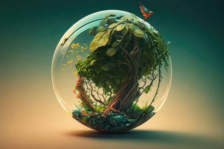 glass sphere and green tree inside. Earth Day. environment protection. lets take care of nature. Generative AIの素材
