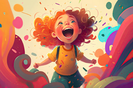 excited child girl with curly red hair jumping. AI Generatedの素材
