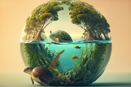 Earth day. Green world. sphere with trees, turtle and ocean. Ecology and environmental protection concept. Generative AIの素材