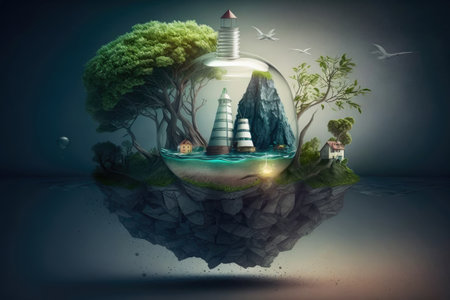 Earth day. sphere with mountains and ocean, lighthouse. Generative AIの素材