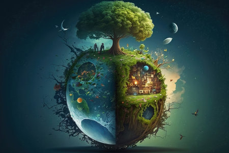 Earth day. Day vs. night world abstract concept. Generative AIの素材