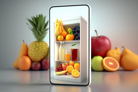 Smartphone and online food shopping. fresh fruits. AI Generatedの素材
