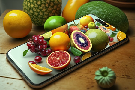 Smartphone and online food shopping. fresh fruits. AI Generatedの素材