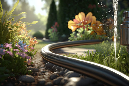 Watering plants and flowers in the garden on a sunny summer day . AI Generatedの素材