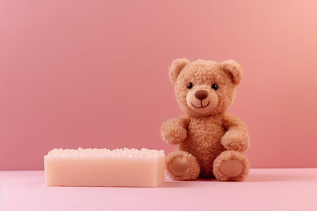 teddy bear and baby soap on pink background, copy space, AI Generatedの素材