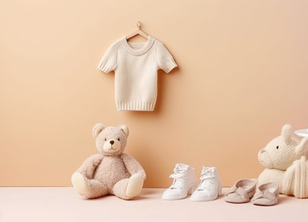 baby toys, clothes on pink background with copy space , AI Generated.の素材