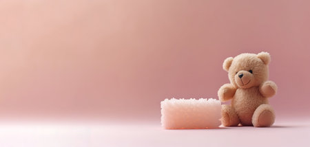 teddy bear and baby soap on pink background, copy space, AI Generatedの素材
