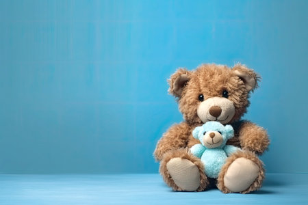cute teddy bear on blue background , copy space, AI Generated.の素材