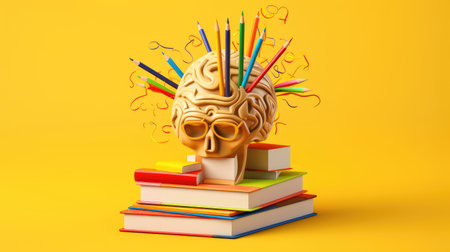 brain with education ideas on yellow background, new discoveries and scientific inventions, AI Generated.の素材