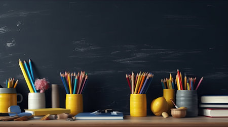 stack of books and pencils on school table against the background of the blackboard, AI Generated.の素材