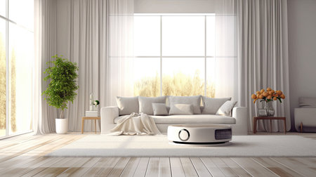 smart home robot vacuum cleaner assistant device in modern white interior of living room, AI Generated.の素材