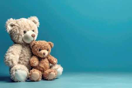cute teddy bear on blue background , copy space, AI Generated.の素材
