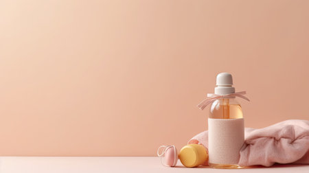 bath accessories, baby oil bottle on pink background, copy space, AI Generatedの素材