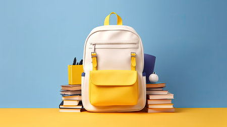 back to school, modern school backpack and books on blue and yellow background, AI Generated.の素材
