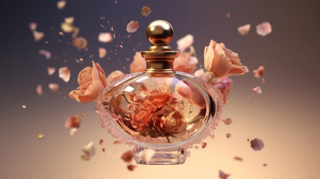 beautiful luxury perfume bottle and pink flowers flying around on pink background, AI Generated.の素材