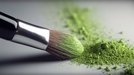 makeup brush and green eye shadow on grey background. AI Generatedの素材