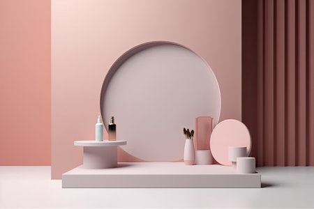 podium or stage for presentation beauty product on pastel pink background. Generative AIの素材