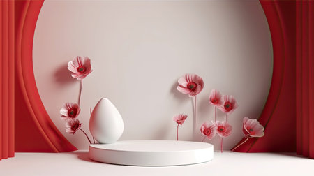 white podium with red and white flowers on red background. stage for presentation cosmetic or beauty product. minimal fashion design. Generative AIの素材