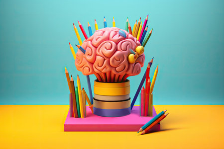 brain with education ideas on blue and yellow background, new discoveries and scientific inventions, AI Generated.の素材