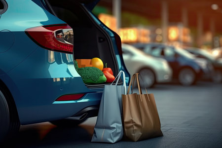 shopping bags in family car trunk at mall parking . ai generatedの素材