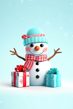 little snowman and Christmas gifts. Christmas and New Year holiday background. Xmas greeting card. AI Generated.の素材