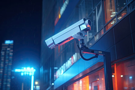CCTV camera on facade of building, public safety at night, ai generated.の素材