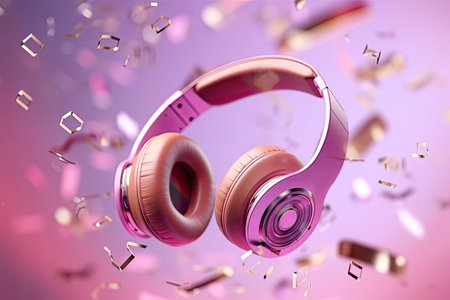 pink headphones and musical notes flying in the air, ai generated.の素材