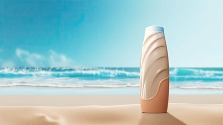 sunscreen lotion tube on the ocean and sand background, ai generated.の素材
