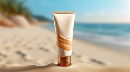 sunscreen lotion tube on the ocean and sand background, ai generated.の素材
