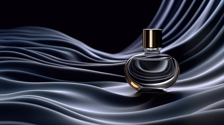 luxury glass perfume bottle with velvet cloth waves background, ai generated.の素材