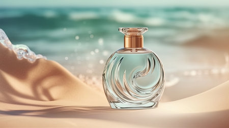 luxury glass or crystal perfume bottle on ocean water and sand background, ai generated.の素材