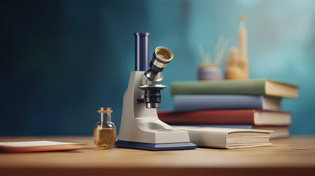 stack of books, microscope and pencils on school table , AI Generated.の素材