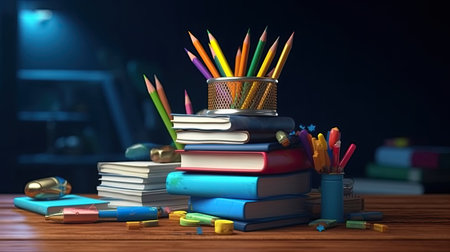 stack of books and pencils on school table against the background of the blackboard, AI Generated.の素材
