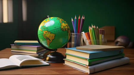 stack of books, globe and pencils on school table , AI Generated.の素材