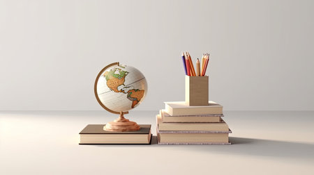 stack of books, globe and pencils on gray background, AI Generated.の素材