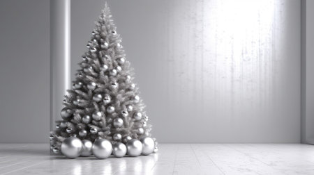 white and silver Christmas tree with Xmas star, balls and lights. AI Generatedの素材