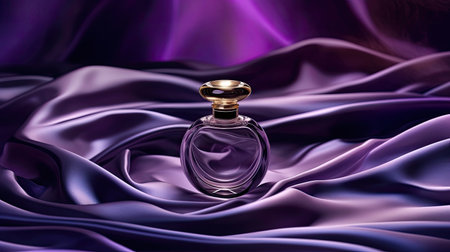 luxury glass perfume bottle with velvet cloth waves background, ai generated.の素材